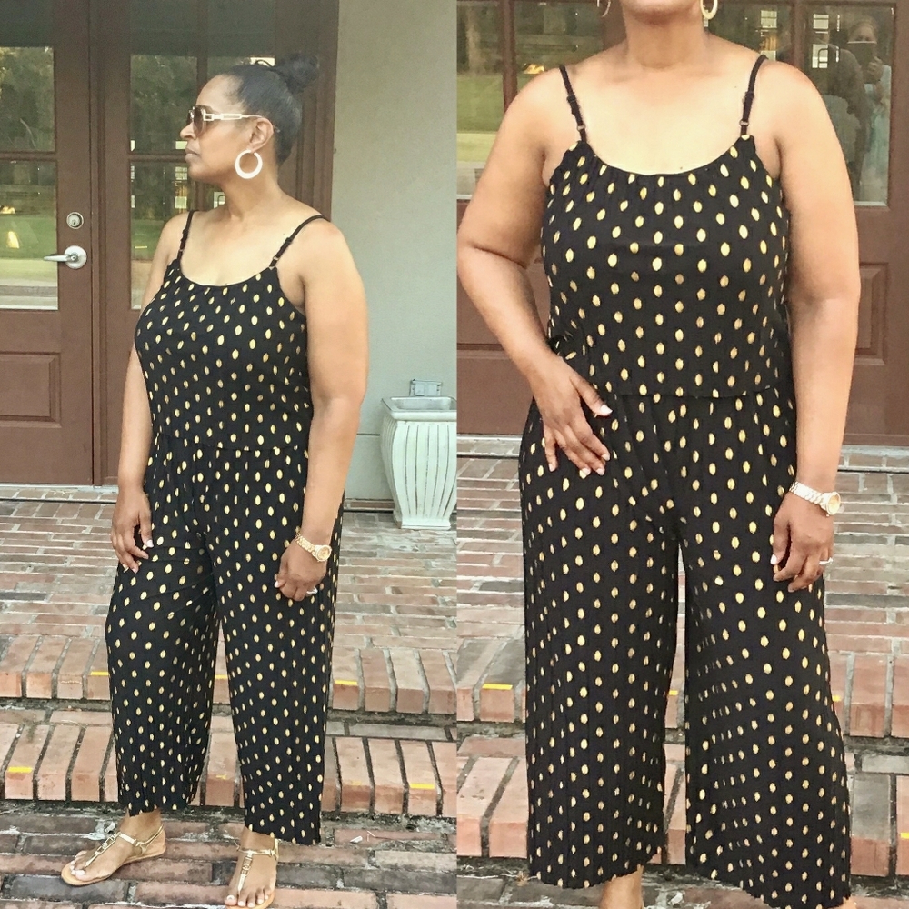 Womens Gold Foil Polka Dots Spaghetti Straps One-Piece Wide Leg Pants Jumpsuit